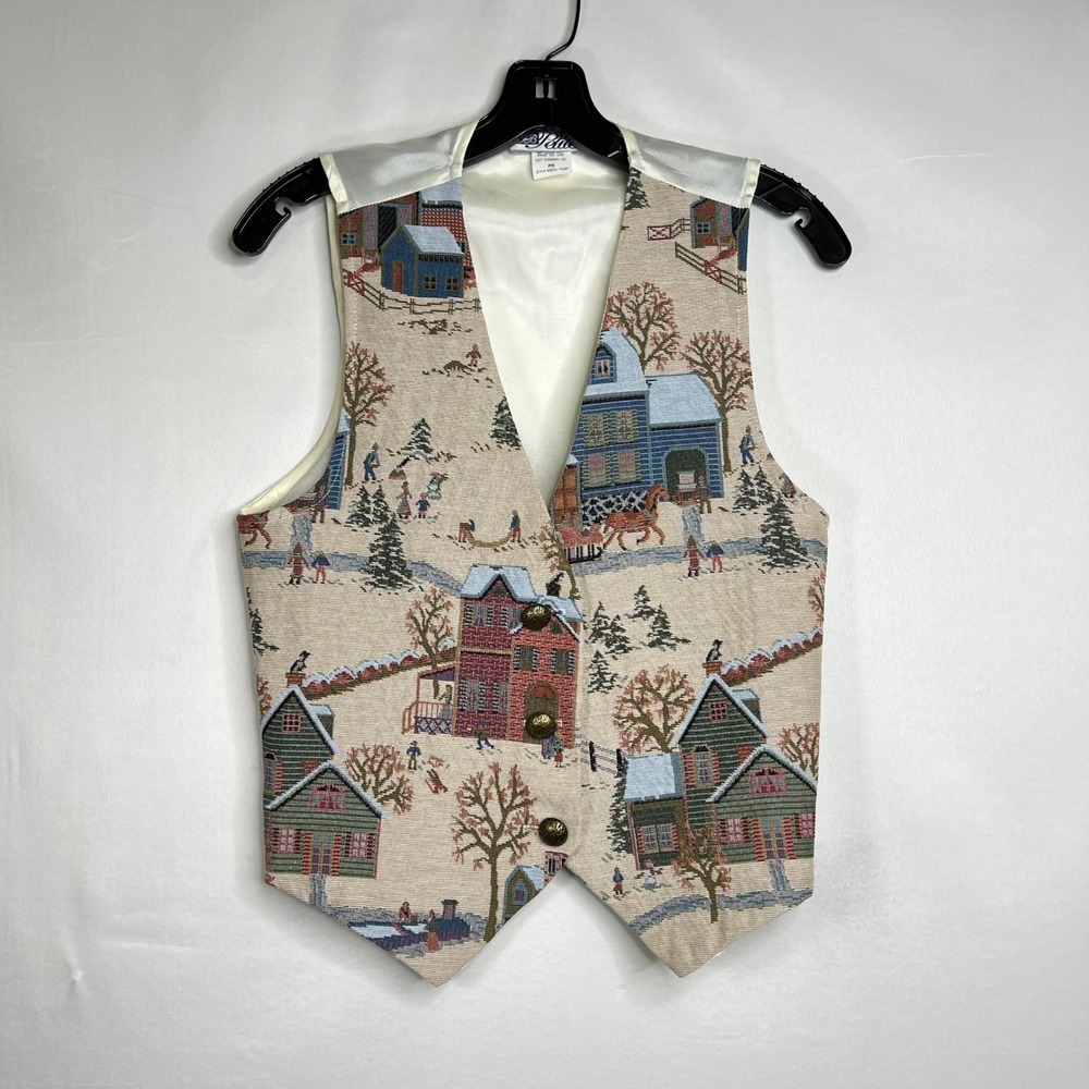 Vintage‎ Tapestry Vest Women PM V-Neck Button Front Winter Village Made in USA